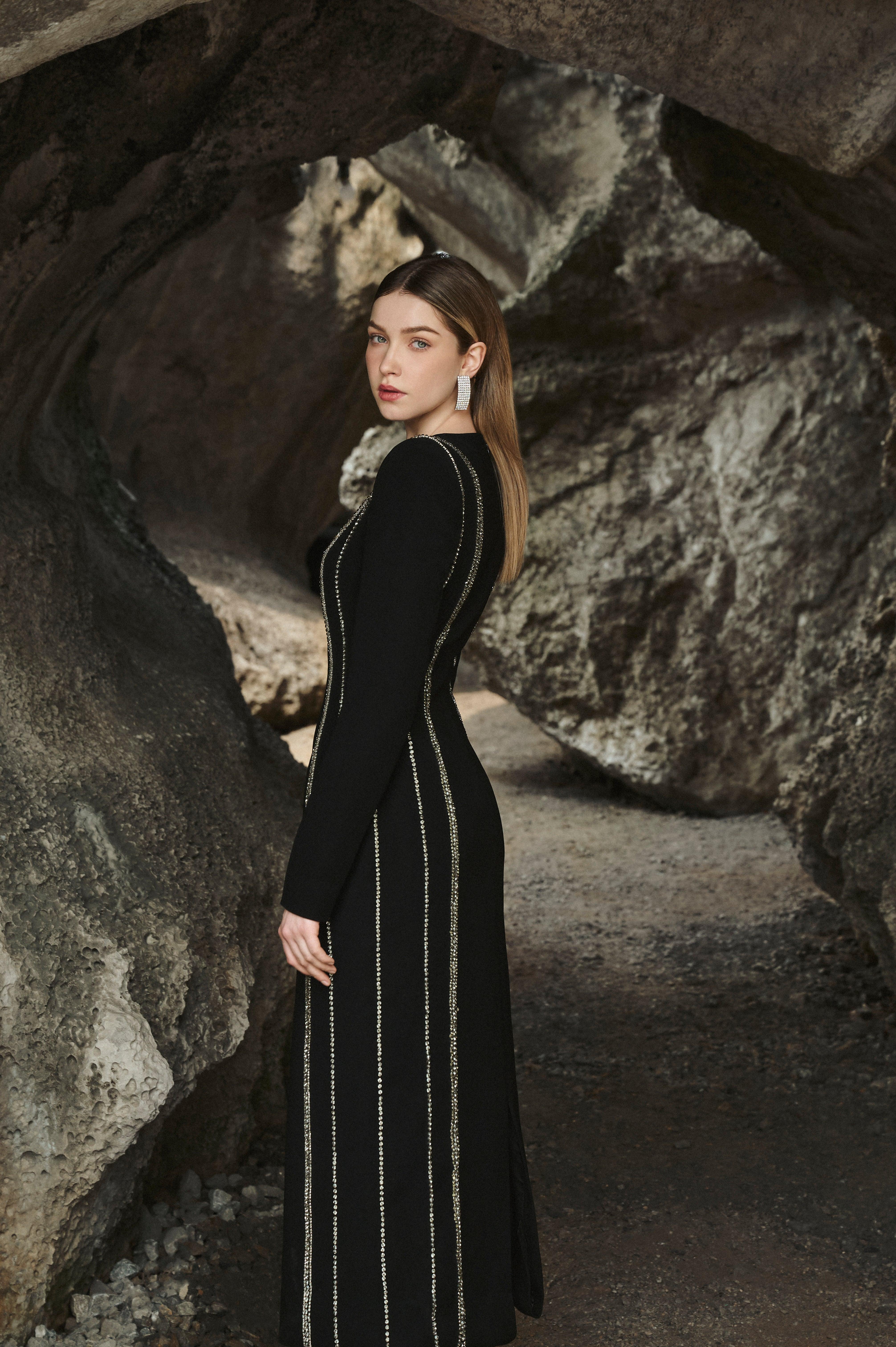 Crystal Embellished Long Sleeve Bodycon Midi Dress - TRACY COUTURE